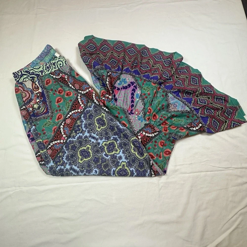 Umgee Patchwork Wide Legs Ruffle Hem Boho Festival Hippie Women's Pants Size M - Picture 1 of 12